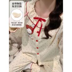 批发春秋冬季带胸垫睡衣女开衫拉架仿棉公主风家居服套
