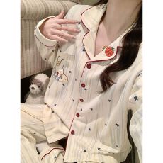 批发春秋冬季韩版睡衣女开衫翻领拉架仿棉卡通家居服