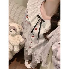 批发春秋冬季韩版睡衣女开衫翻领拉架仿棉卡通家居服
