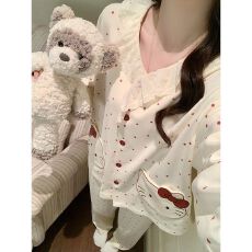 批发春秋冬季韩版睡衣女开衫翻领拉架仿棉卡通家居服