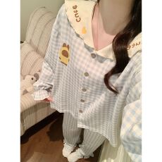 批发春秋冬季韩版睡衣女开衫翻领拉架仿棉卡通家居服