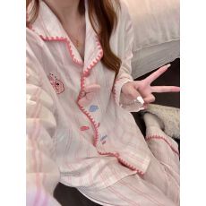 批发粉条纹小鱼2026年春秋季新款<b class='q'>睡衣</b>女网红风卡通甜美家居服套装
