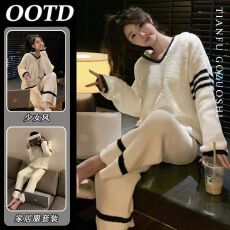 批发黑白家居服<b class='q'>睡衣</b>冬季女高级感可外穿套装加绒加厚保暖