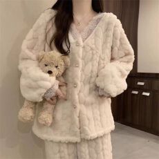 批发花绒花边小香风冬季开衫加厚<b class='q'>睡衣</b><b class='q'>女</b>套装家居服