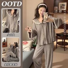 德绒 韩系睡衣女春秋少女花边可外穿家居服套装