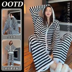 黑白家居服睡衣冬季女高级感可外穿套装加绒加厚保暖