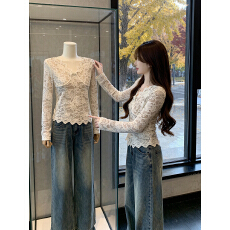 批发实拍 2026早春新款小香风V领百搭时尚打底蕾丝衫女遮肉减龄单上衣