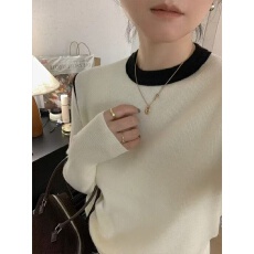 批发设计感拼色圆领针织打底衫女<b class='q'>外贸</b>新款长袖简约百搭针织内搭女