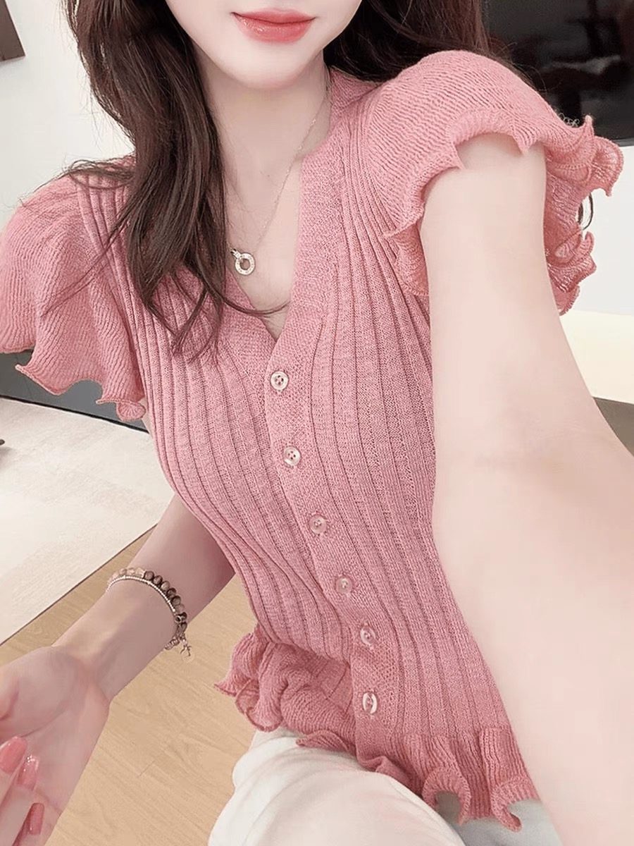 FA36520# 欧货V领纯色短袖针织衫女夏季新款爆款修身显瘦百搭洋气上衣 服裝批發女裝批發服飾貨源