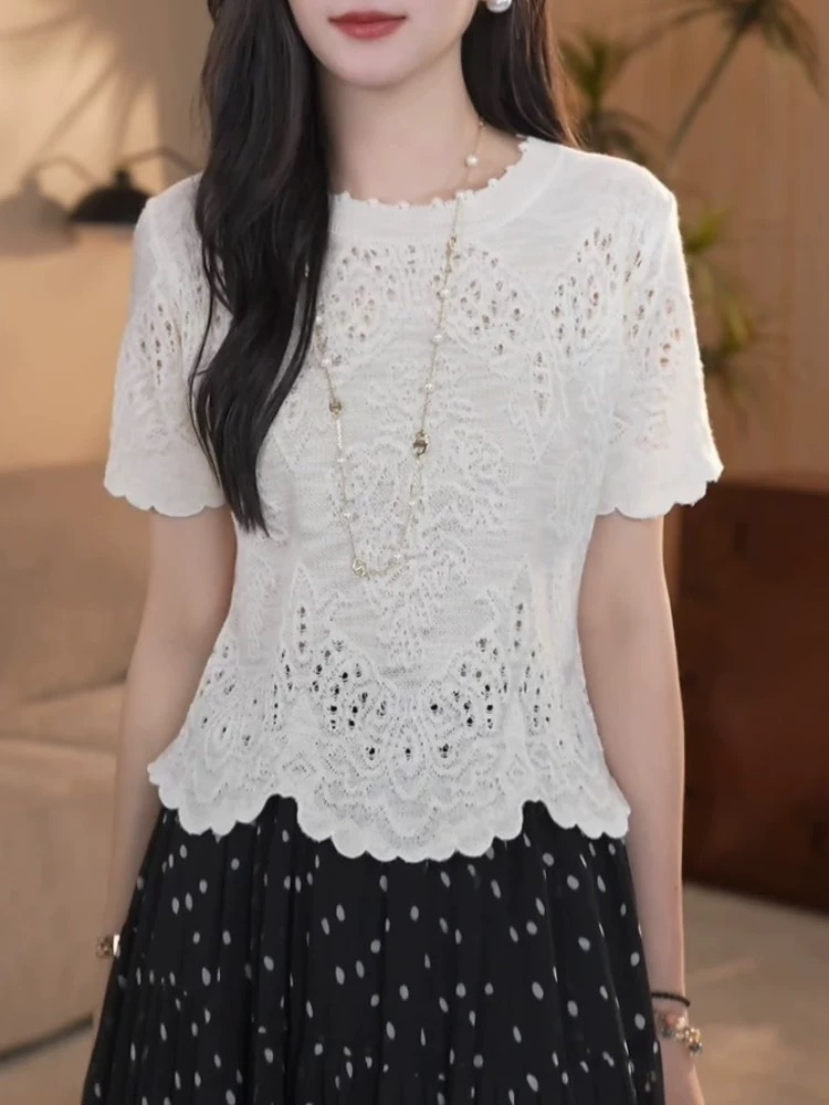 FA36522# 夏季新款韩版时尚百搭圆领短袖T恤女宽松显瘦镂空针织衫上衣 服裝批發女裝批發服飾貨源
