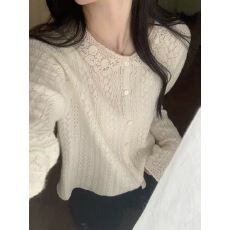 批发软糯手感 韩系乖乖女镂空钩花全羊毛针织开衫长袖<b class='q'>蕾丝</b>娃娃领上衣