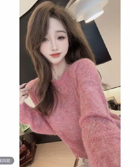 한 부서 핑크색 얇은 스타일 니트 스웨터 여성 2025 새로운 가을 긴팔 인사이드 가져 가라. 스택 착용 작은 샤넬 스타일 기본 셔츠 맨위