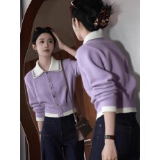 批发超好看紫色翻领长袖针织<b class='q'>开衫</b>女2025秋冬新款小个子短款绝美上衣服