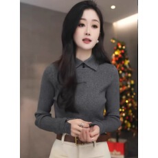 批发灰色翻领针织<b class='q'>打底</b>衫女秋冬内搭2025年新款高级感气质修身显瘦<b class='q'>上衣</b>