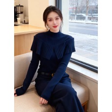 批发2025秋冬新款半高领<b class='q'>荷叶边</b>披肩毛针织衫女小众修身显瘦打底衫上衣