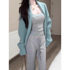 批发韩系穿搭时尚长袖针织<b class='q'>开衫</b>女秋冬新慵懒宽松超好看蓝色毛衣外套潮