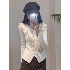 批发韩系简约纯色<b class='q'>荷叶边</b>针织衫2025冬季新款洋气百搭V领减龄显瘦<b class='q'>毛衣</b>