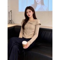 批发韩系时尚褶皱<b class='q'>荷叶边</b>长袖t恤女秋季修身显瘦独特漂亮洋气针织上衣