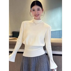 批发白色半<b class='q'>高领</b>喇叭长袖毛针织衫女秋冬慵懒风高级感收腰内搭打底上衣