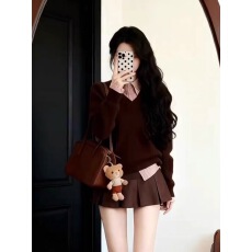 批发学院风穿搭咖色<b class='q'>假两件</b>毛衣女2025秋季新款时尚百搭显瘦<b class='q'>针织衫</b>上衣