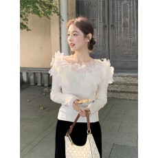 批发韩系温柔天鹅颈鸵鸟毛手工刺绣高级羽毛上衣花<b class='q'>网纱</b>新款打底针织衫