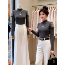 批发小众设计感镂空半高领长袖<b class='q'>打底衫</b>女秋冬修身气质<b class='q'>网纱</b>拼接内搭上衣