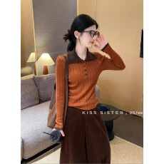 韩系橘色polo领翻领长袖针织打底衫女秋冬毛衣内搭设计感正肩上衣