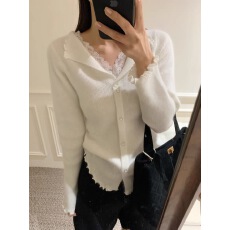 批发时尚木耳边<b class='q'>长袖</b>V领针织开衫女2025年秋季新款蕾丝修身<b class='q'>打底衫</b>上衣