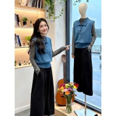 蓝色翻领针织马甲女2025年秋冬韩系气质慵懒高级感修身无袖背心