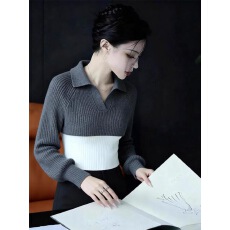 早秋巨好看轻熟上衣气质独特高端巨好看假两件灰白拼接针织毛衣女