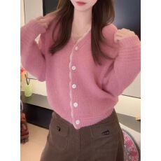 批发粉色蕾丝花边拼接撞色长袖<b class='q'>针织</b><b class='q'>开衫</b>女秋冬2025新款慵懒显瘦上衣