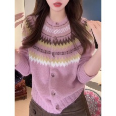 费尔岛风浅粉色条纹针织衫女2025秋冬新款拼色条纹慵懒风温柔毛衣