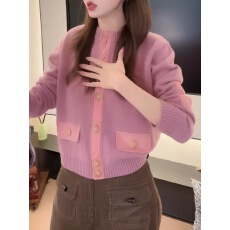 批发粉色假口袋拼接撞色长袖<b class='q'>针织</b><b class='q'>开衫</b>女秋冬2025新款韩系洋气减龄上衣