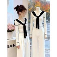 批发韩系白色披肩长袖针织衫女早秋季新款修身短款内搭打底衫纯欲上衣