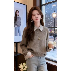 批发灰色假两件polo衬衫领内搭毛衣女秋冬短款慵懒风宽松打底针织上衣