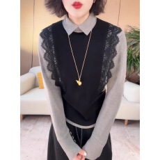 批发娃娃领衬衫女秋高级感内搭<b class='q'>蕾丝</b>针织打底衫时尚洋气减龄假两件上衣