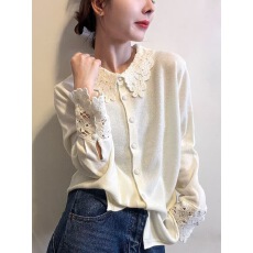 批发法式气质白色针织开衫女秋冬装2025新款设计感小众蕾丝镂空上衣女