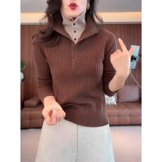 批发坑条假两件撞色立领长袖针织衫女秋冬2025新款洋气减龄内搭上衣