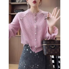 批发粉色花边袖珍珠钉珠针织开衫女秋冬2025新款韩系显瘦洋气小众上衣