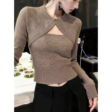 批发独特漂亮纯色假两件针织衫女初冬内搭修身设计感短款圆领毛衣上衣