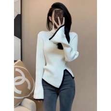 批发法式不规则高领针织打底衫女冬季穿搭气质慵懒风修身显瘦毛衣上衣