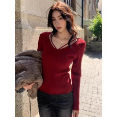 批发纯欲色V领长袖针织<b class='q'>T</b><b class='q'>恤</b>女秋季弹力修身打底衫纯色<b class='q'>紧身</b>收腰内搭上衣