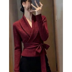 批发设计系带初秋单穿针织交叉开衫秋季上衣轻熟<b class='q'>罩衫</b>新款毛衣多巴胺