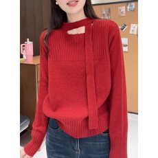 批发设计感红色圆领飘带长袖针织衫女2025冬季新款氛围感休闲毛衣上衣