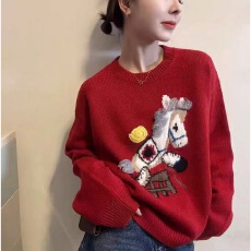 批发2026新款韩版时尚立体马上有钱装饰百搭<b class='q'>宽松</b>休闲圆领长袖<b class='q'>针织衫</b>女