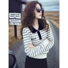 批发韩系POLO领撞色条纹<b class='q'>长袖</b>针织衫女秋季宽松慵懒小众不撞款毛衣上衣