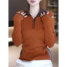 批发韩系polo领撞色坑条内搭针织衫女2025年秋冬新款时尚<b class='q'>休闲</b>长袖上衣