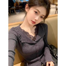 批发法式温柔风<b class='q'>蕾丝</b>拼接V领针织衫女秋冬季独特修身显瘦百搭开衫毛衣