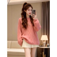 批发韩版慵懒风麻花纹长袖针织衫女秋冬<b class='q'>时尚</b>百搭宽松显瘦圆领套头毛衣