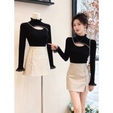 批发重工镶钻<b class='q'>镂空</b>黑色半高领针织<b class='q'>衫</b>女秋冬2025新款设计感显瘦气质上衣